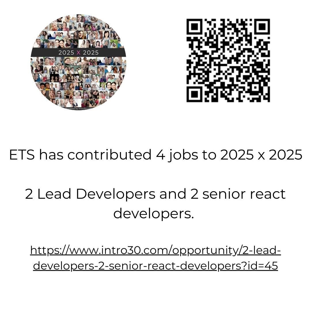 4 jobs in from ETS! https://www.intro30.com/opportunity/2-lead-developers-2-senior-react-developers?id=45 #recruitwomen #remotework